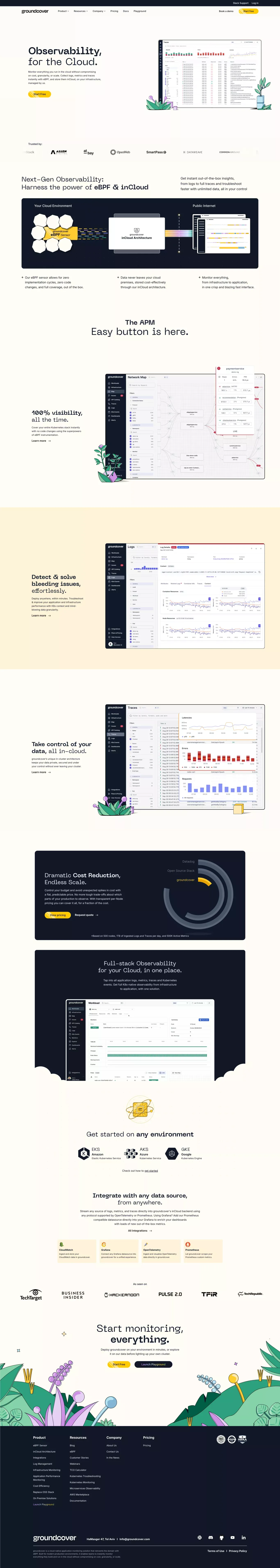 groundcover landing page screenshot showcasing Tech design