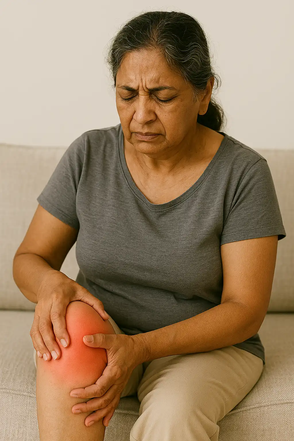 Older woman holding her painful knee with visible inflammation, showing symptoms of knee osteoarthritis and joint discomfort.