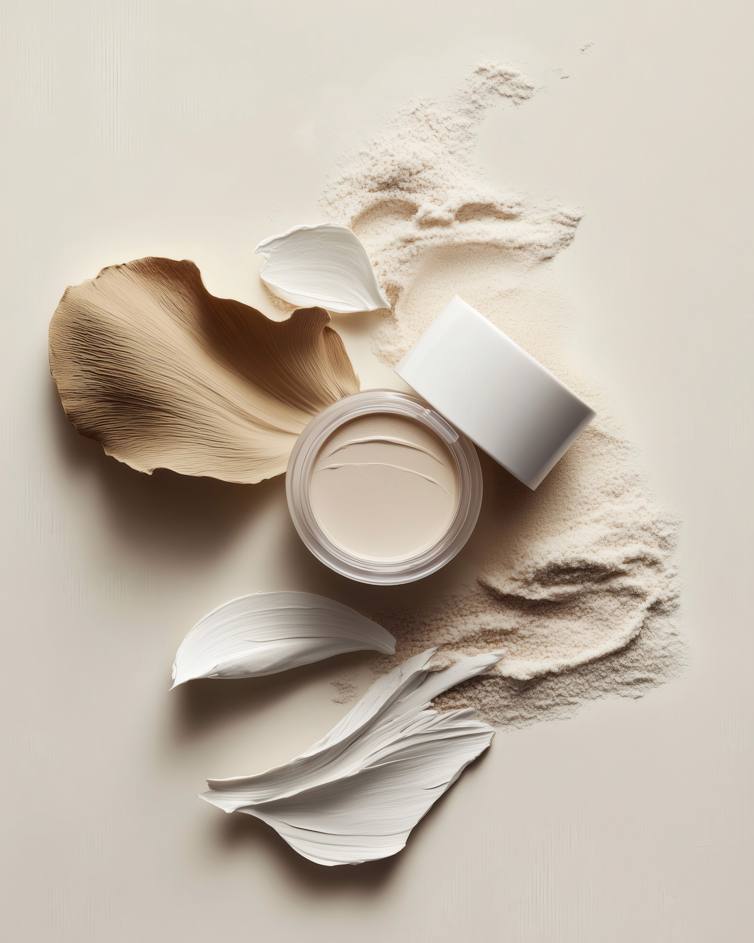 Minimal skincare product jar with cream texture and natural powder cosmetic ingredients