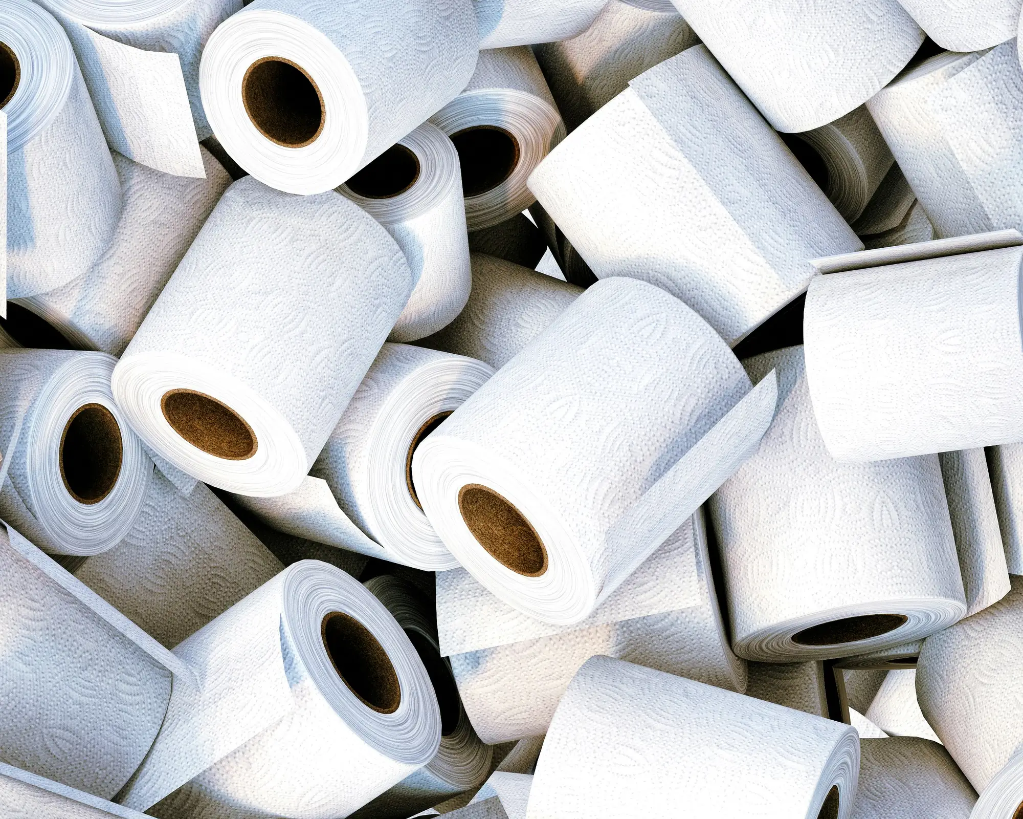 Close-up of a heap of white toilet paper rolls