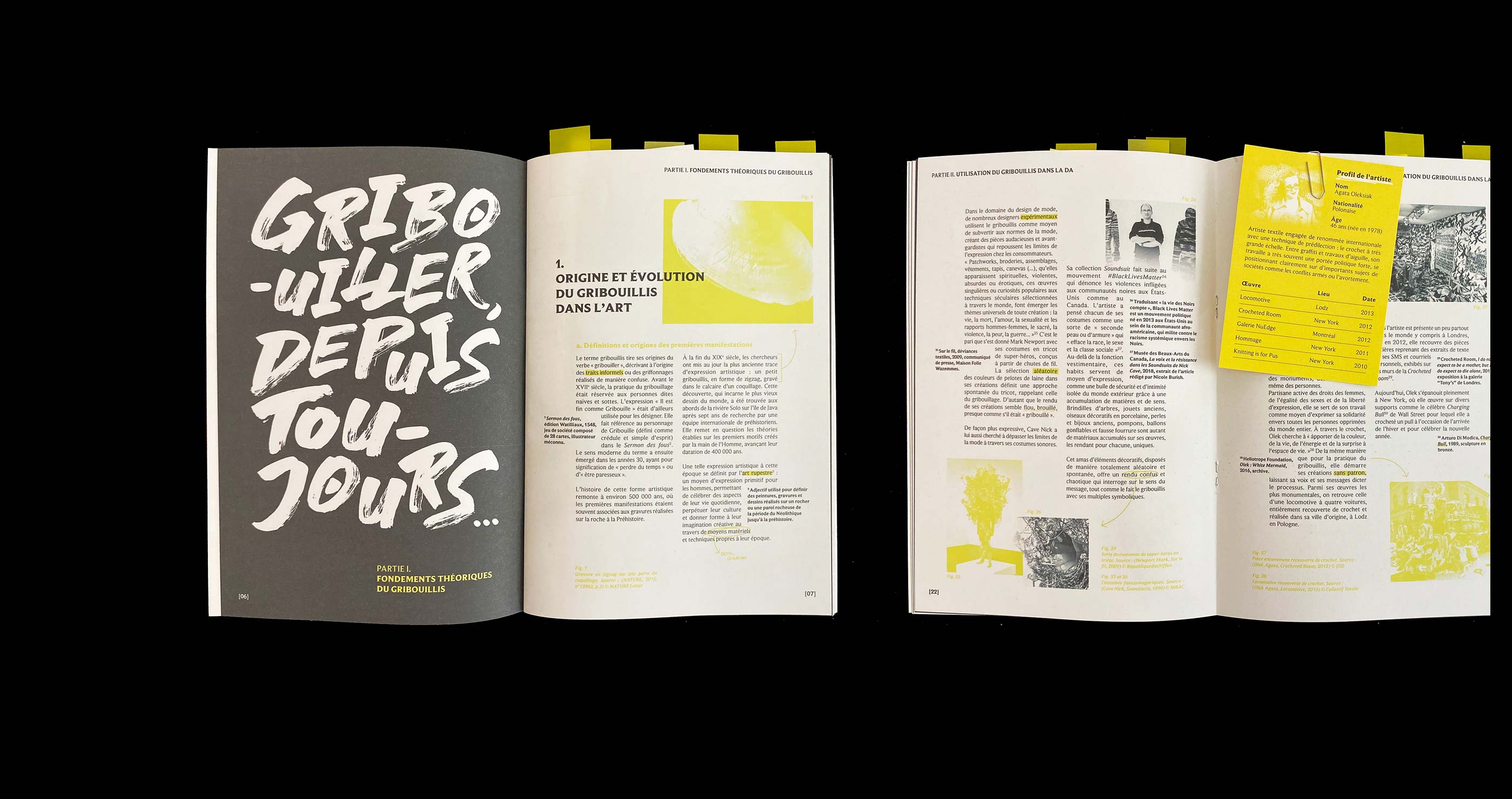 Intérieur mémoire Gribouillis, mise en page anarchique, trombones et fiches