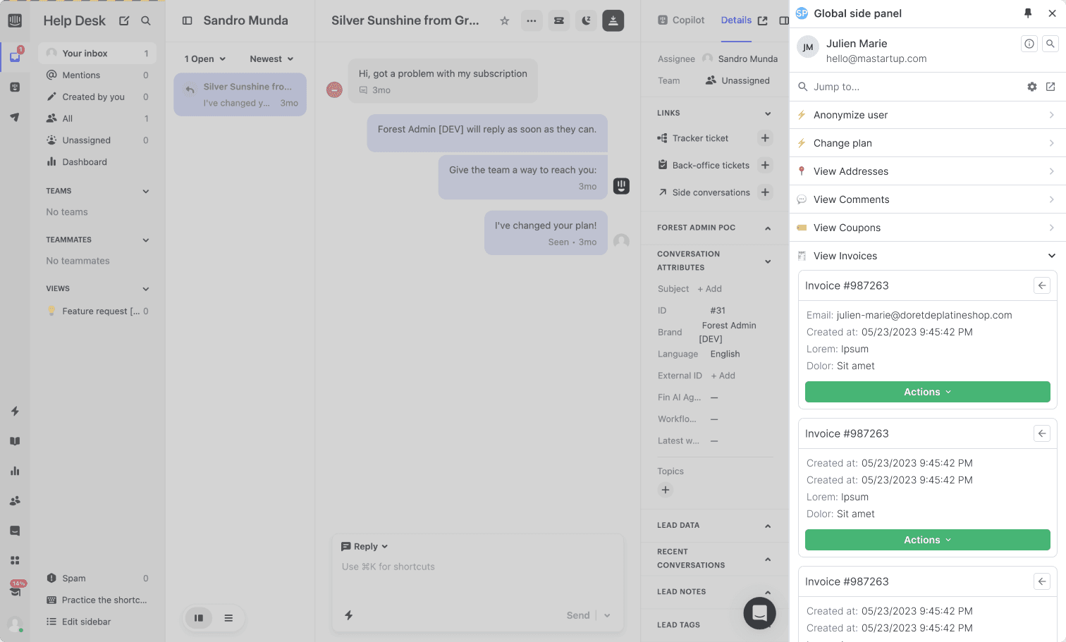 A screenshot with Forest Admin Embed appearing as a side bar next to the Intercom screen