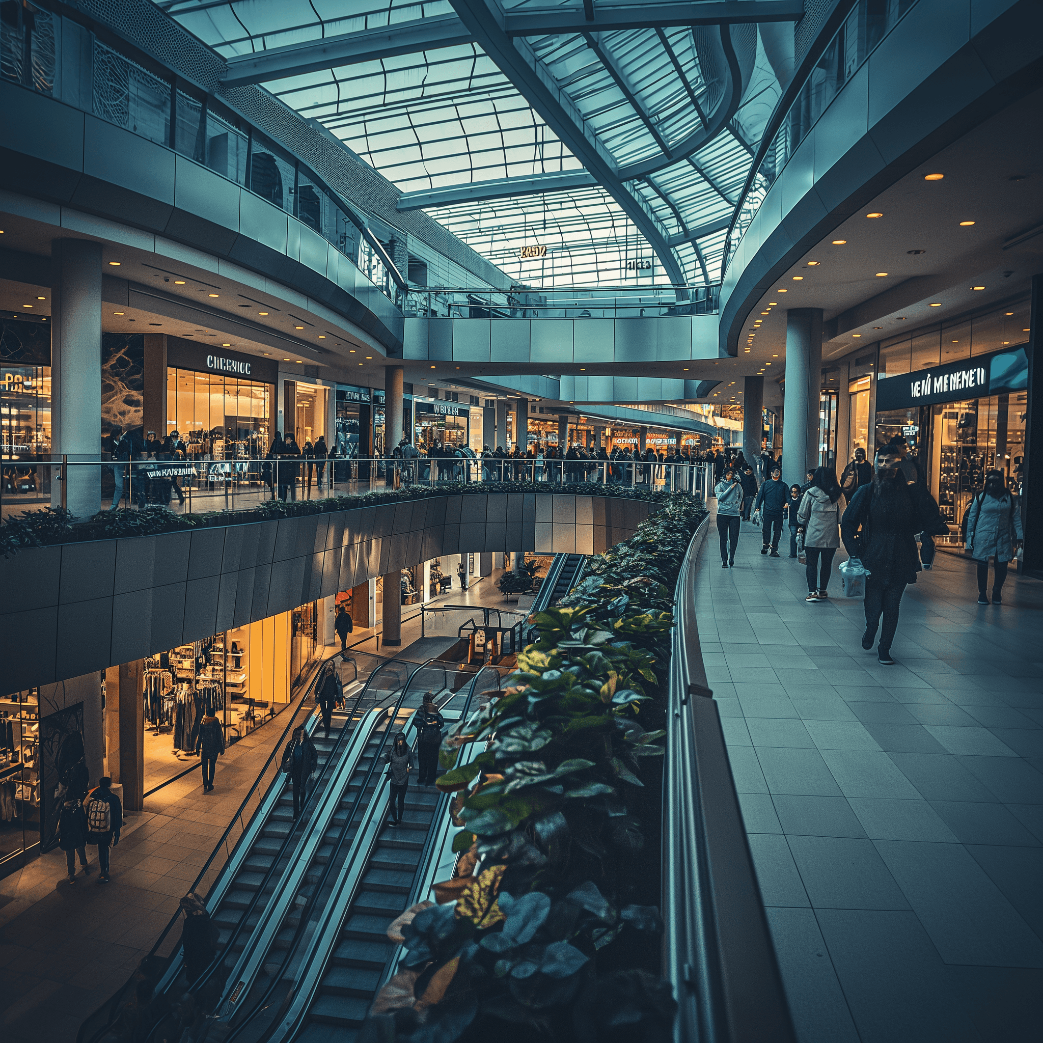 Een indoor winkelcentrum in de avond