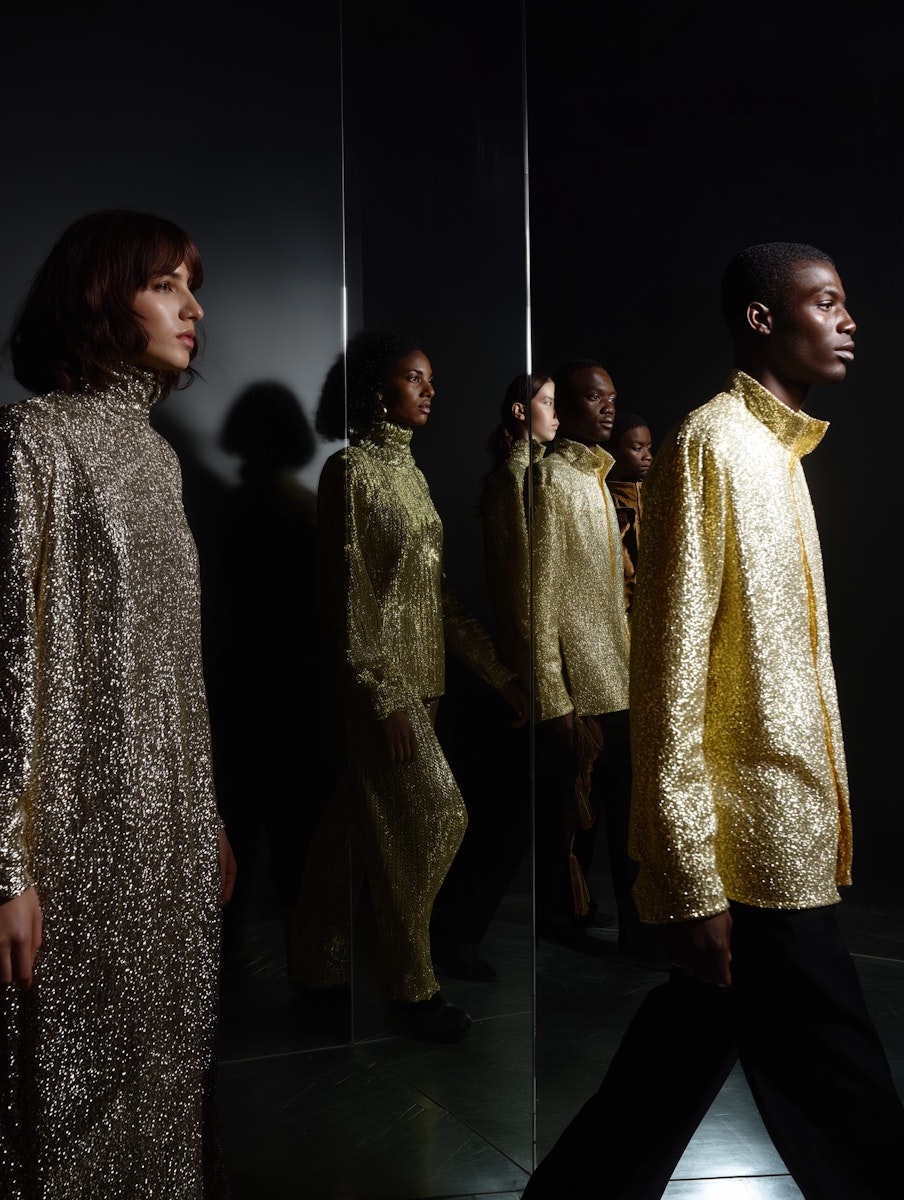 Diverse models in shimmering gold outfits walk in a reflective, dimly lit space, creating a bold and luxurious fashion statement.