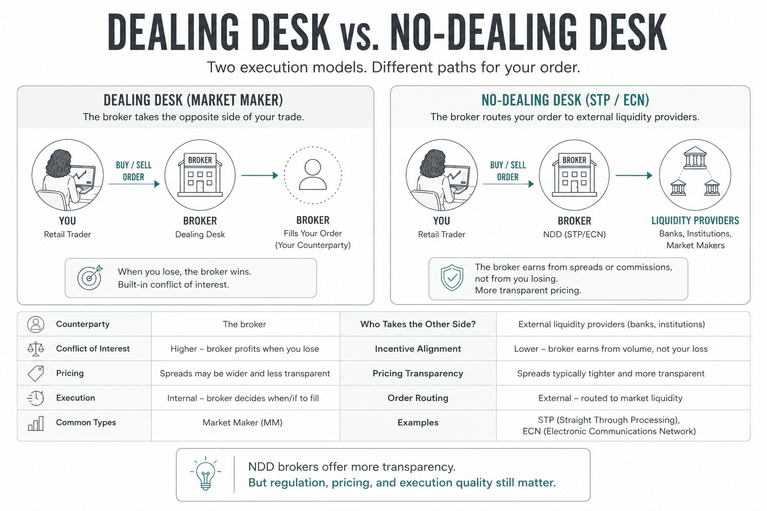 Side-by-side comparison of Dealing Desk and No Dealing Desk broker models, illustrating how orders are executed, where potential conflicts of interest exist, and how pricing transparency differs between the two execution methods.