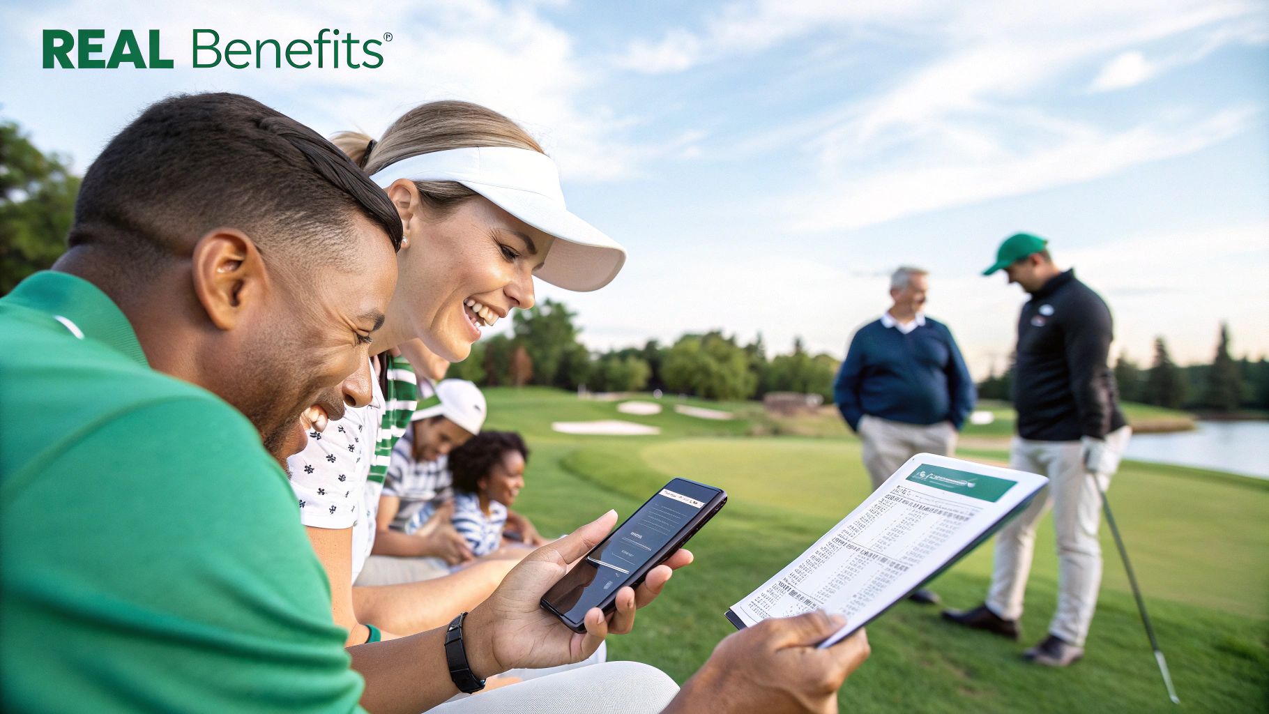 Diverse group of golfers laughing and checking scores on a phone and scorecard on a sunny course.