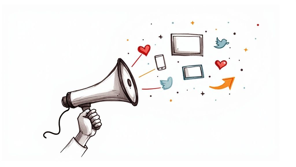 A hand holds a megaphone, broadcasting social media icons like hearts, phones, birds, and photo frames.