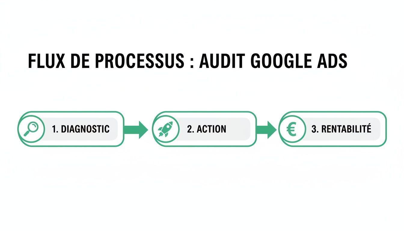 Représentation schématique du flux de processus pour un audit Google Ads, incluant les étapes : diagnostic, action et rentabilité.