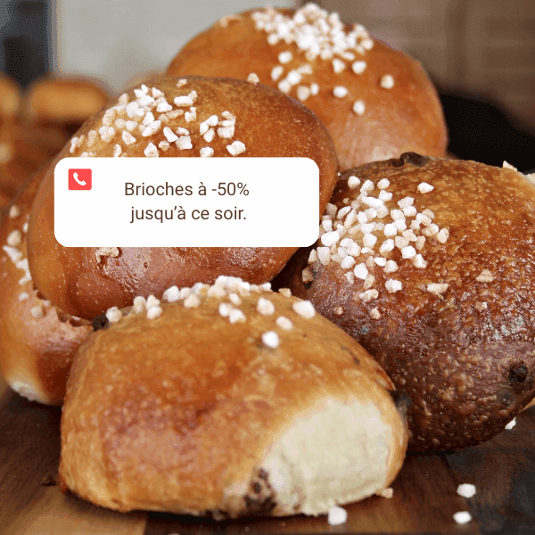 Notification Gling annonçant une promotion sur des brioches artisanales, illustrant la communication directe entre commerçants et clients.