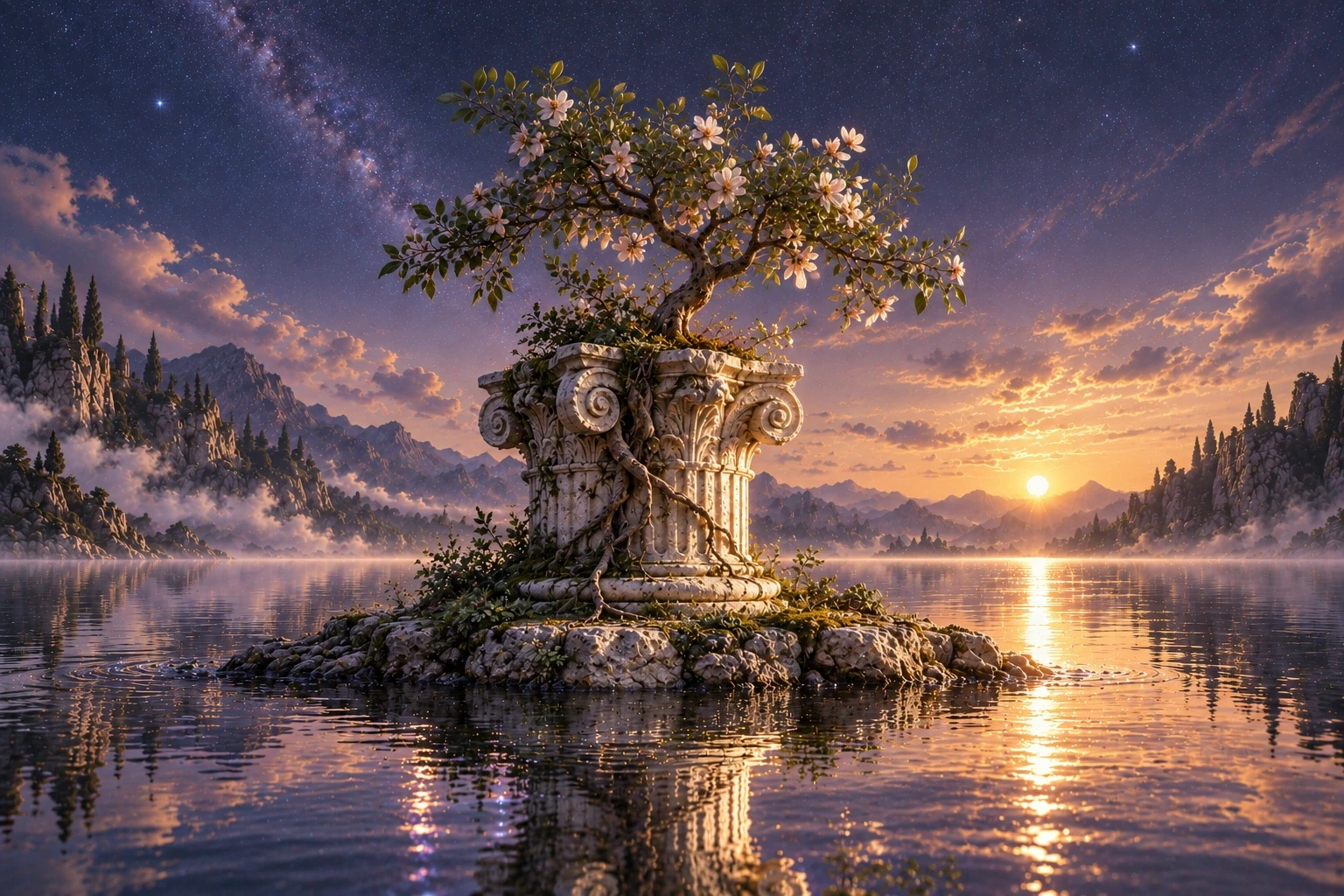A blossoming tree takes root on a weathered classical column beside still water.