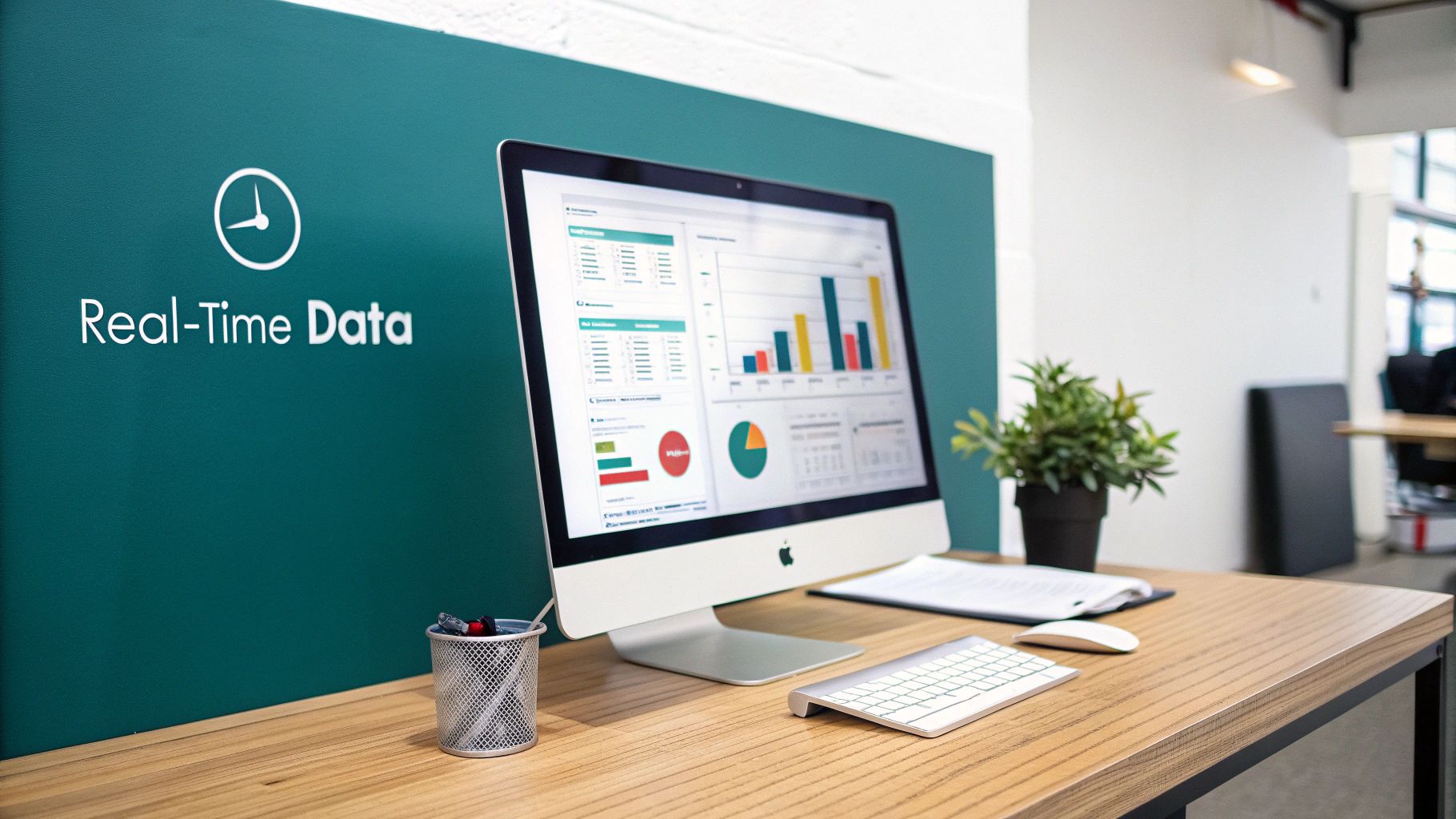 A modern office desk with an iMac displaying real-time data charts and graphs, with a clock icon on the teal wall.