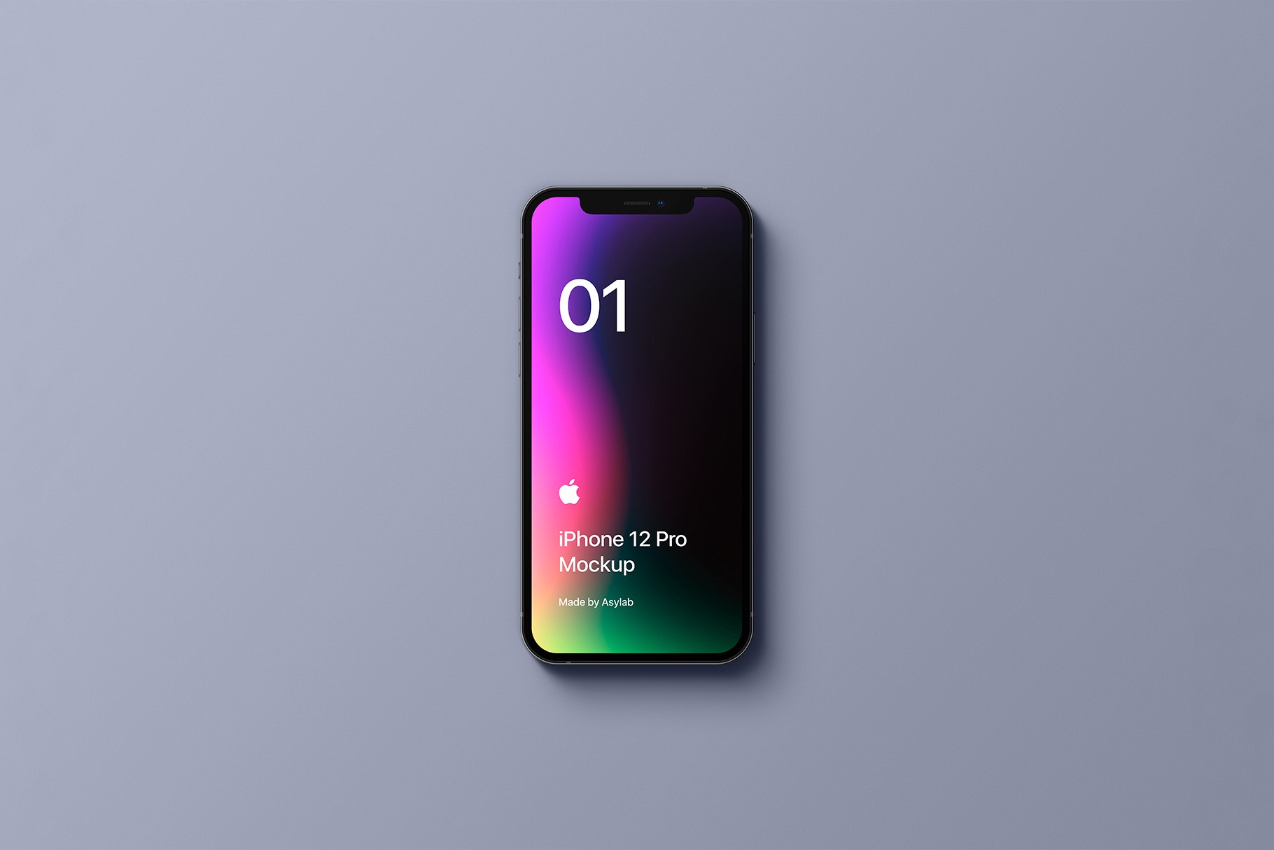 Floating iPhone 12 Pro mockup with a gradient screen and customizable background.