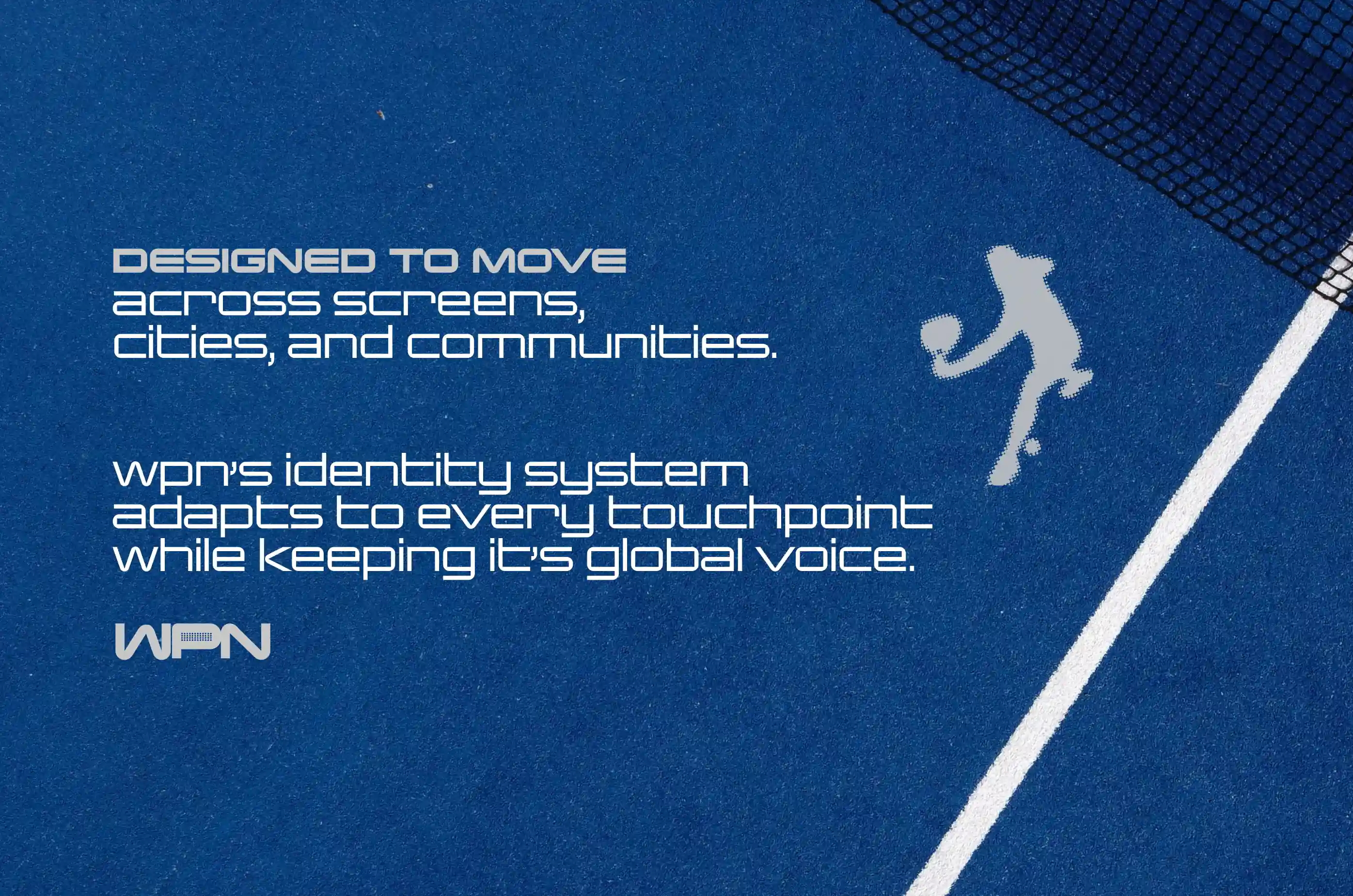 World Padel Network — WPN tagline on blue textured canvas with player silhouette — Brand identity system graphic