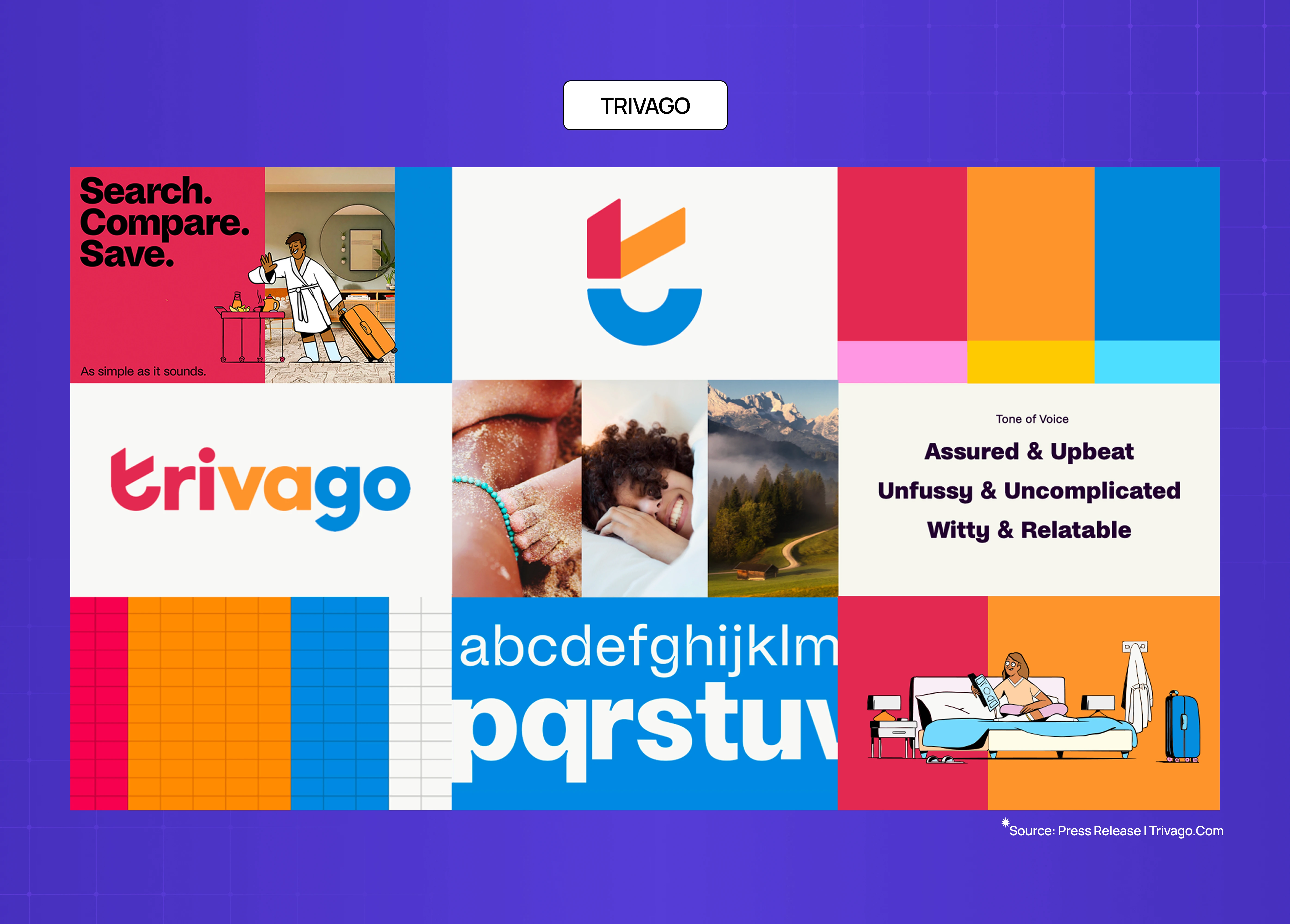 Trivago brand board showcasing vibrant split-complementary branding, typography, UI elements, and campaign visuals.