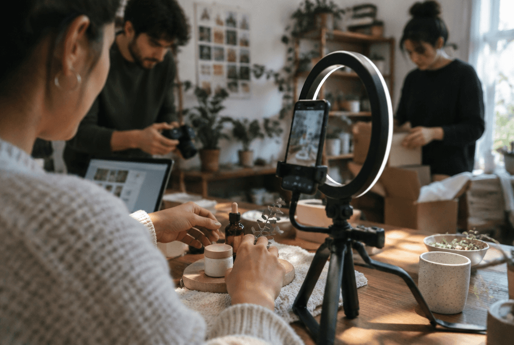 Over-the-shoulder view of a creator team planning TikTok videos by content theme