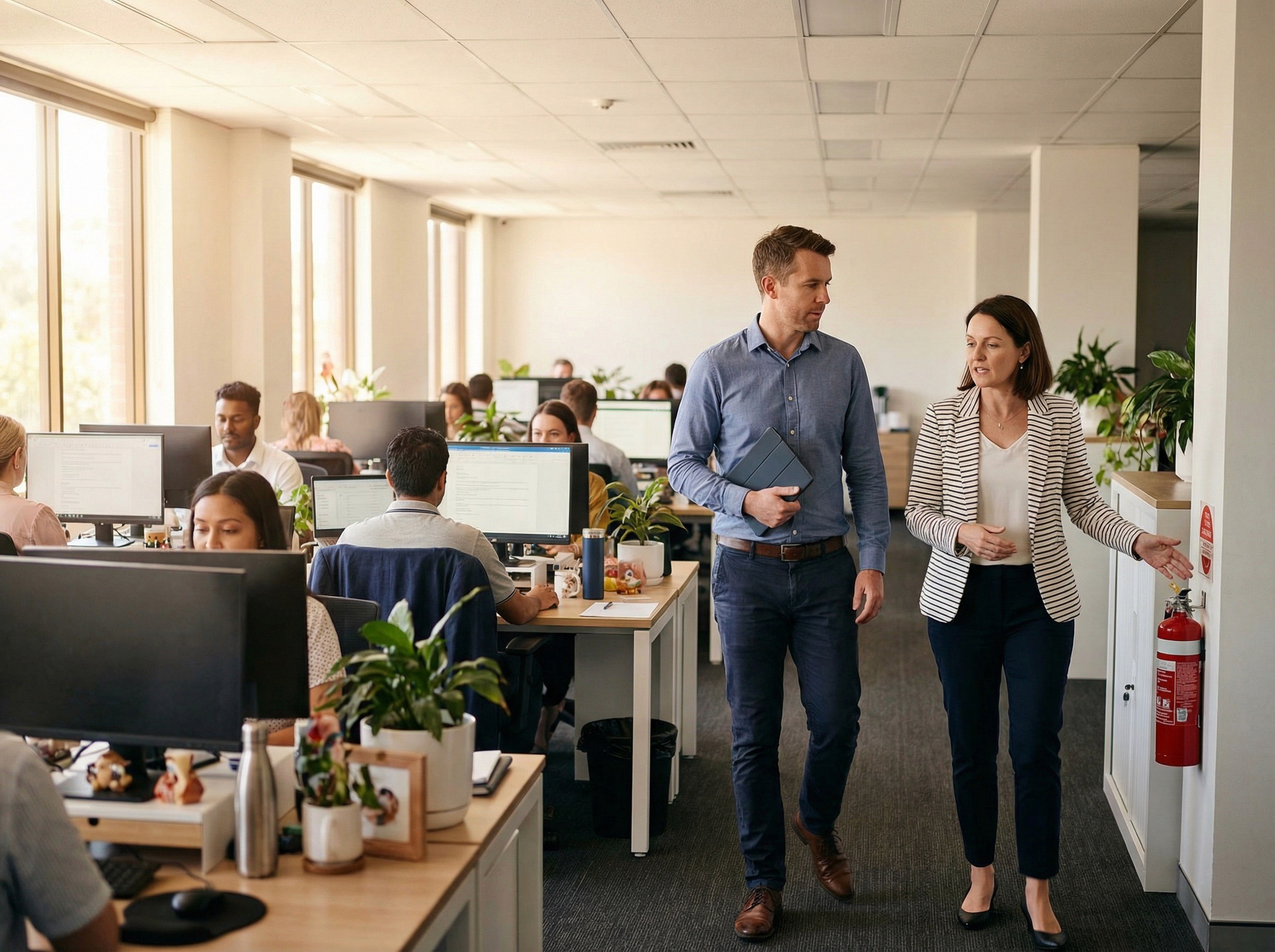 A small audit team of two — an internal auditor in his late 30s and a WHS specialist in her early 40s — walking through a large open-plan office together during a scheduled audit. They are mid-stride, moving between workstation clusters, with the auditor holding a tablet at his side and the specialist making a quiet observation about something in the space. Their pace is measured and purposeful but not intrusive — workers at nearby desks are continuing their work normally, unbothered.