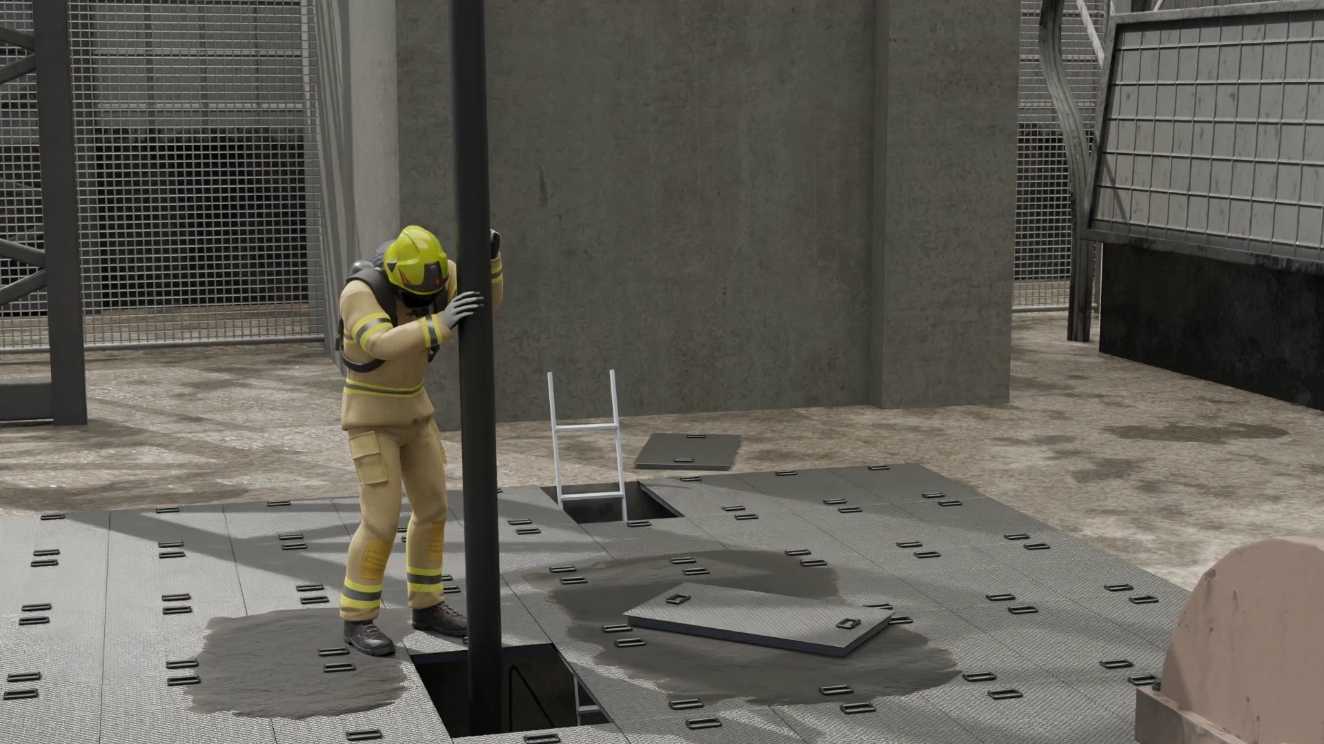 Responder at an open hatch in a SHIIFT 3D spill scenario