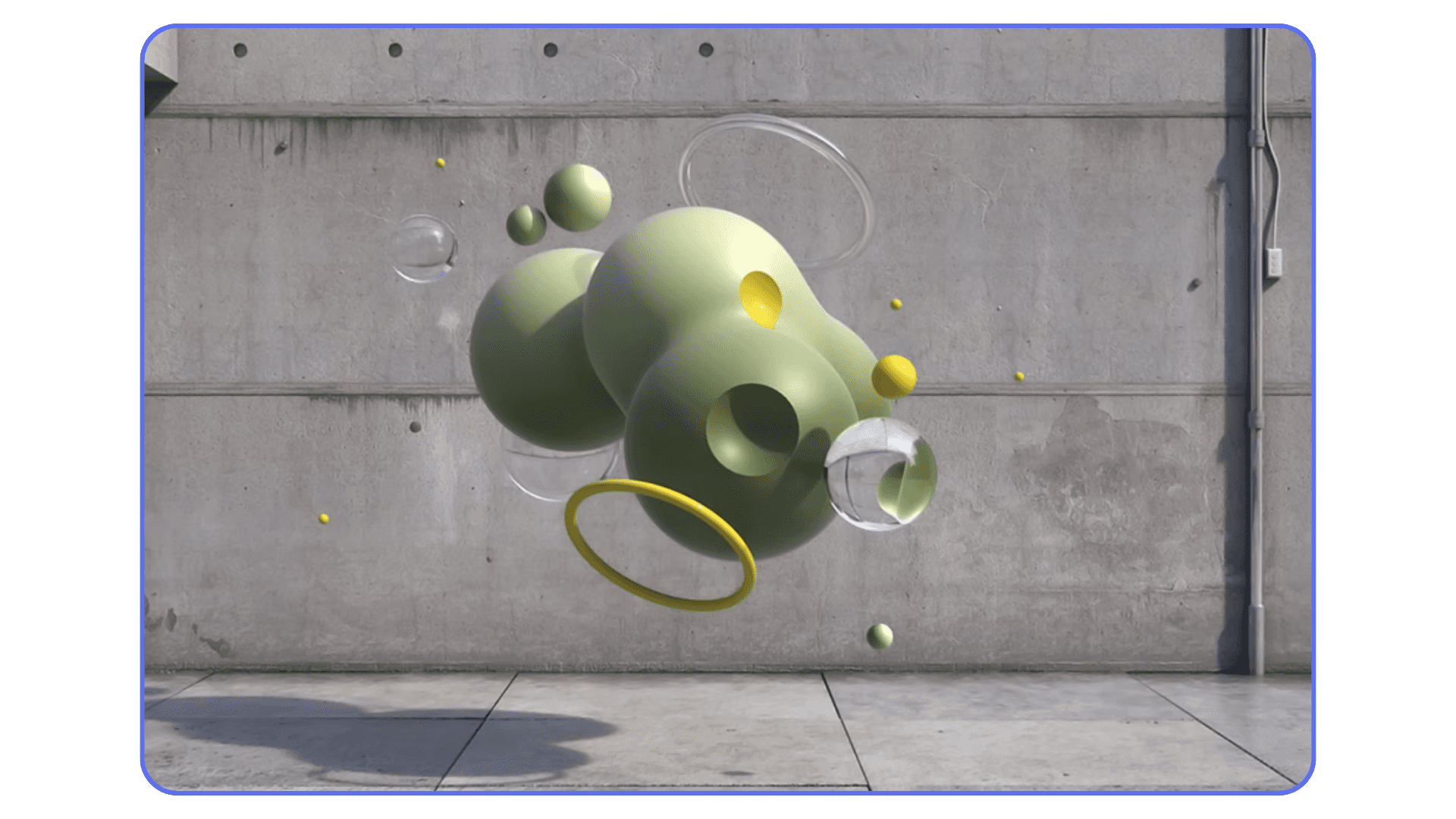 Abstract 3D composition of matte and transparent spheres and rings floating in front of a concrete wall.