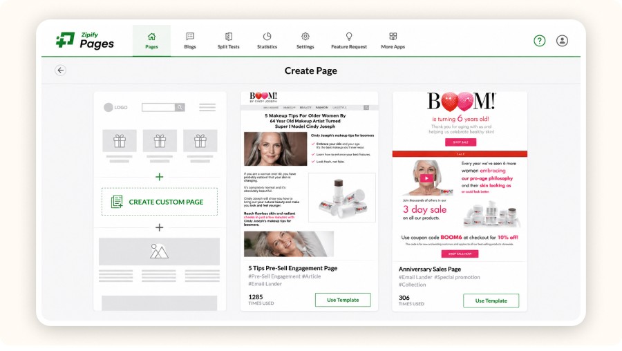 Interface Zipify affichant modèles de pages marketing personnalisables