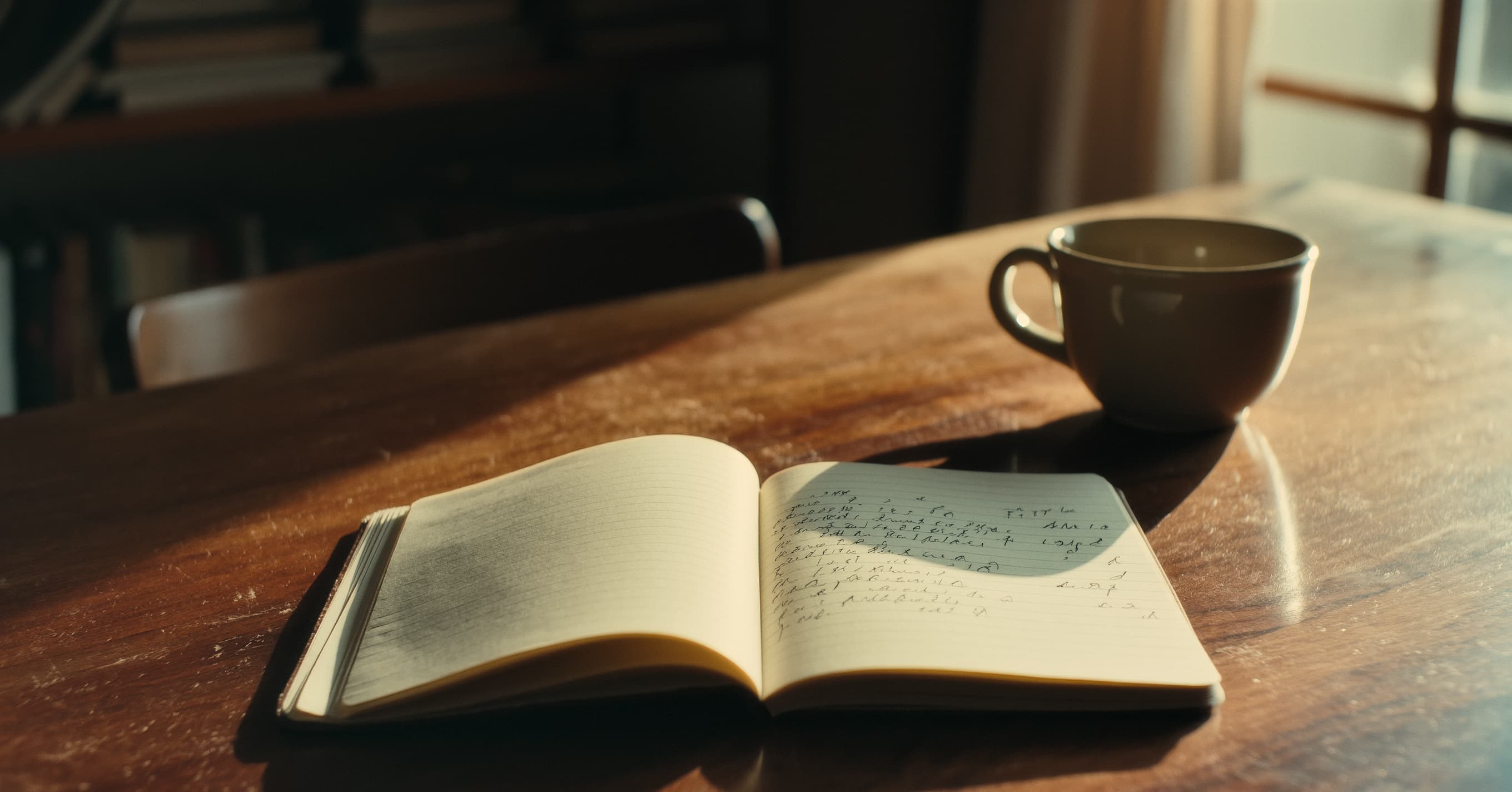 Open journal notebook with handwritten notes and a coffee cup on wooden table – wedding photographer's journal