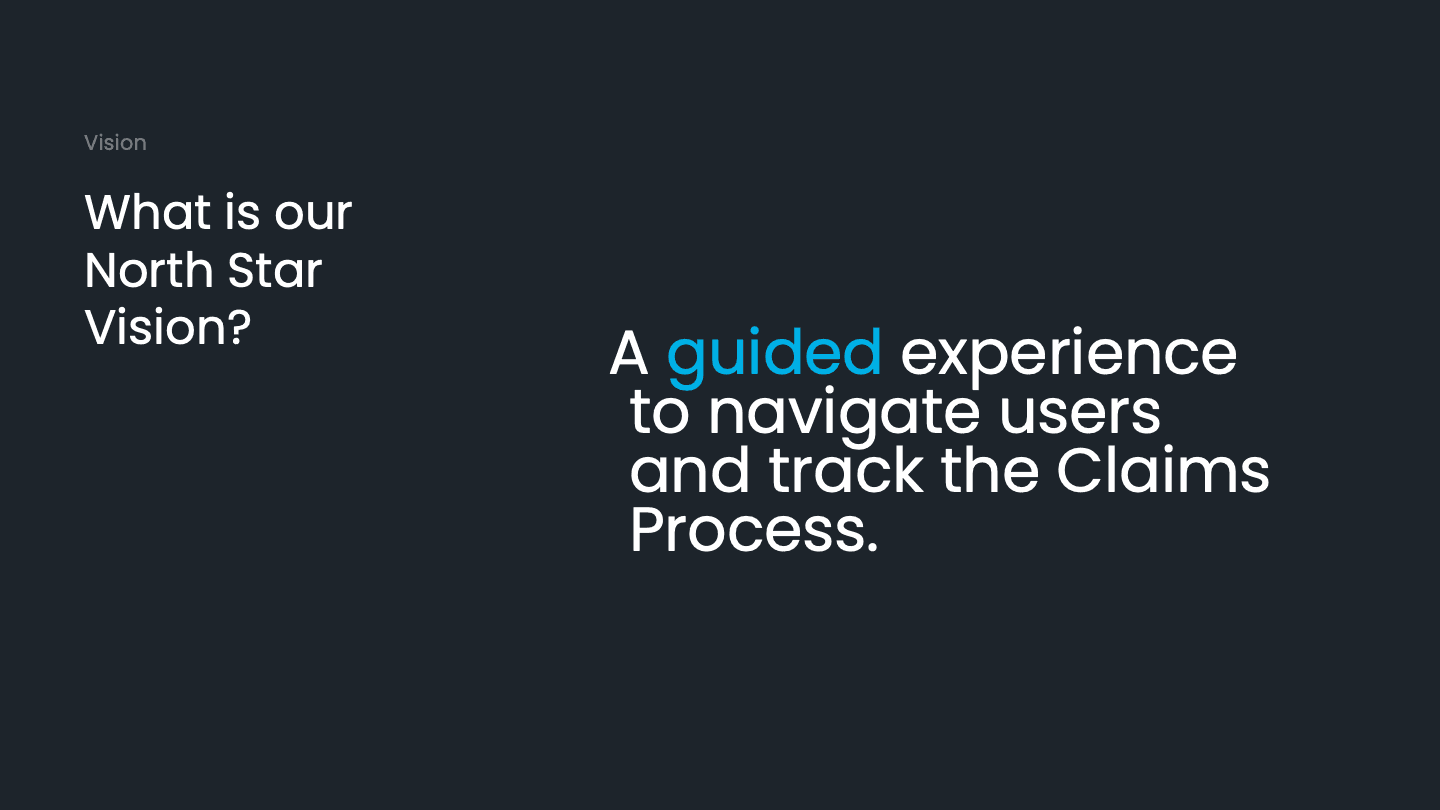 Slide with the heading “What is our North Star Vision?” and supporting text: “A guided experience to navigate users and track the Claims Process.”