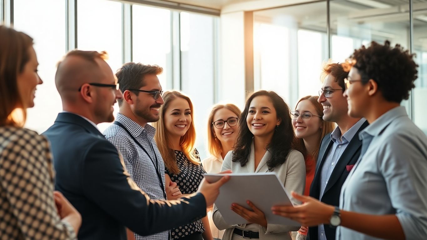 Business professionals collaborating in a bright office.