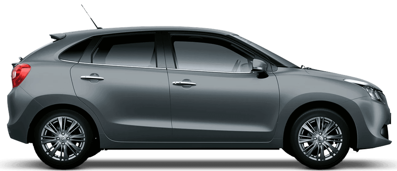 Side view of a modern gray hatchback car with alloy wheels, available through Hyderabad car rental services, displayed against a plain background.