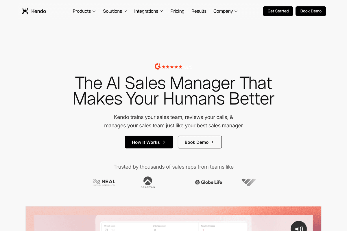Kendo homepage, the AI sales manager that reviews calls, assigns practice, and scores reps