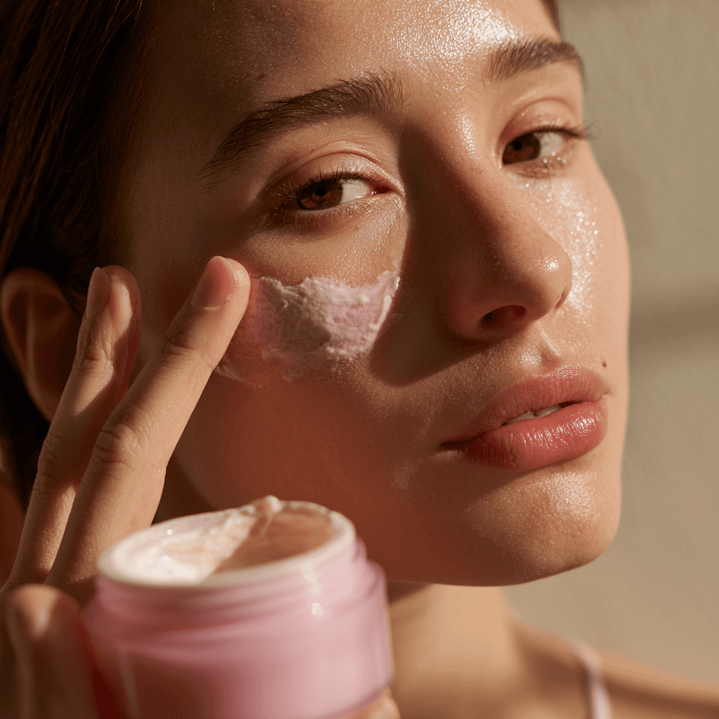 Women applying cream on face portrait