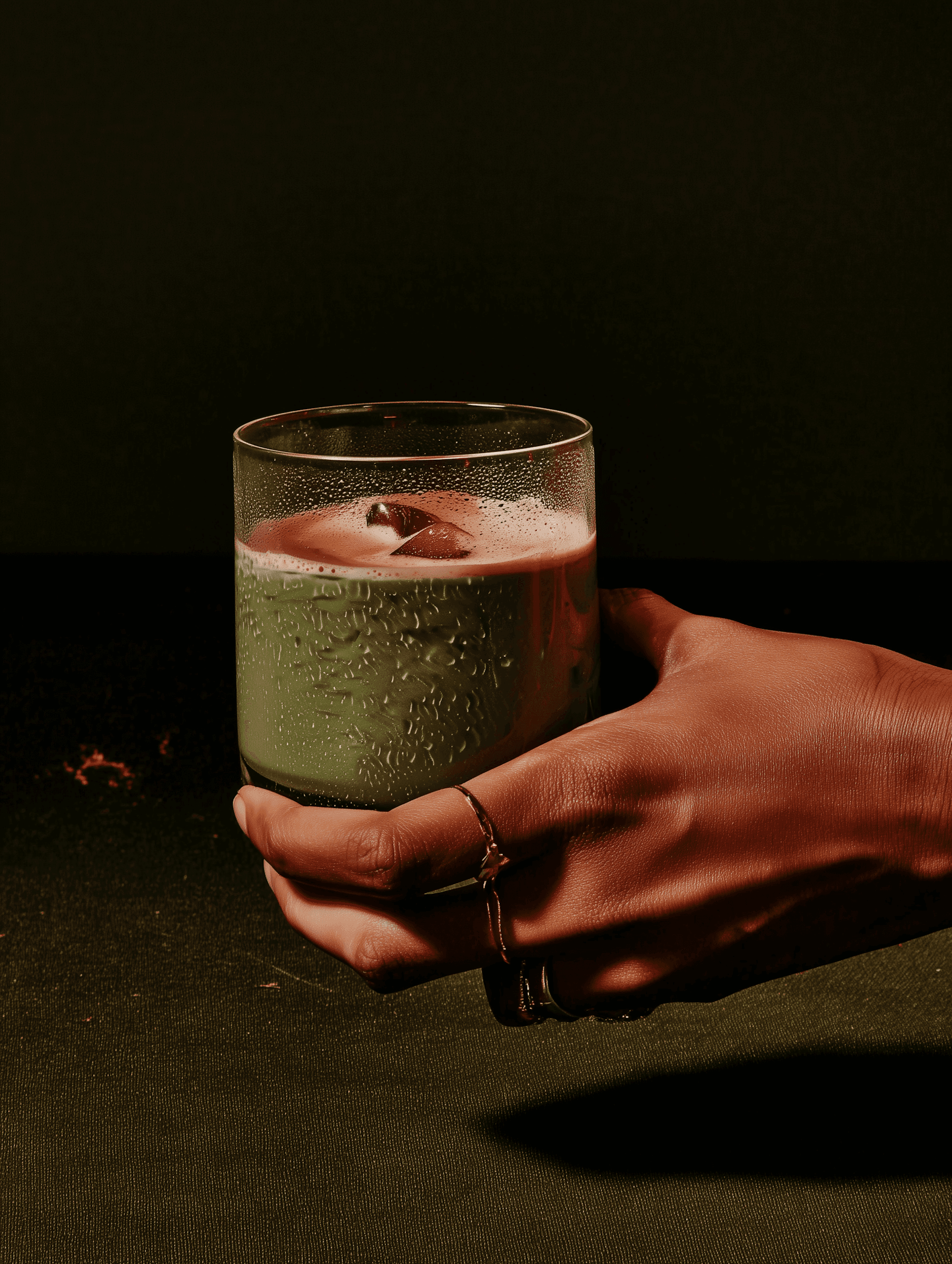 A hand holding a frosted glass of green iced drink with creamy topping, adorned with gold rings, set against a dark background.