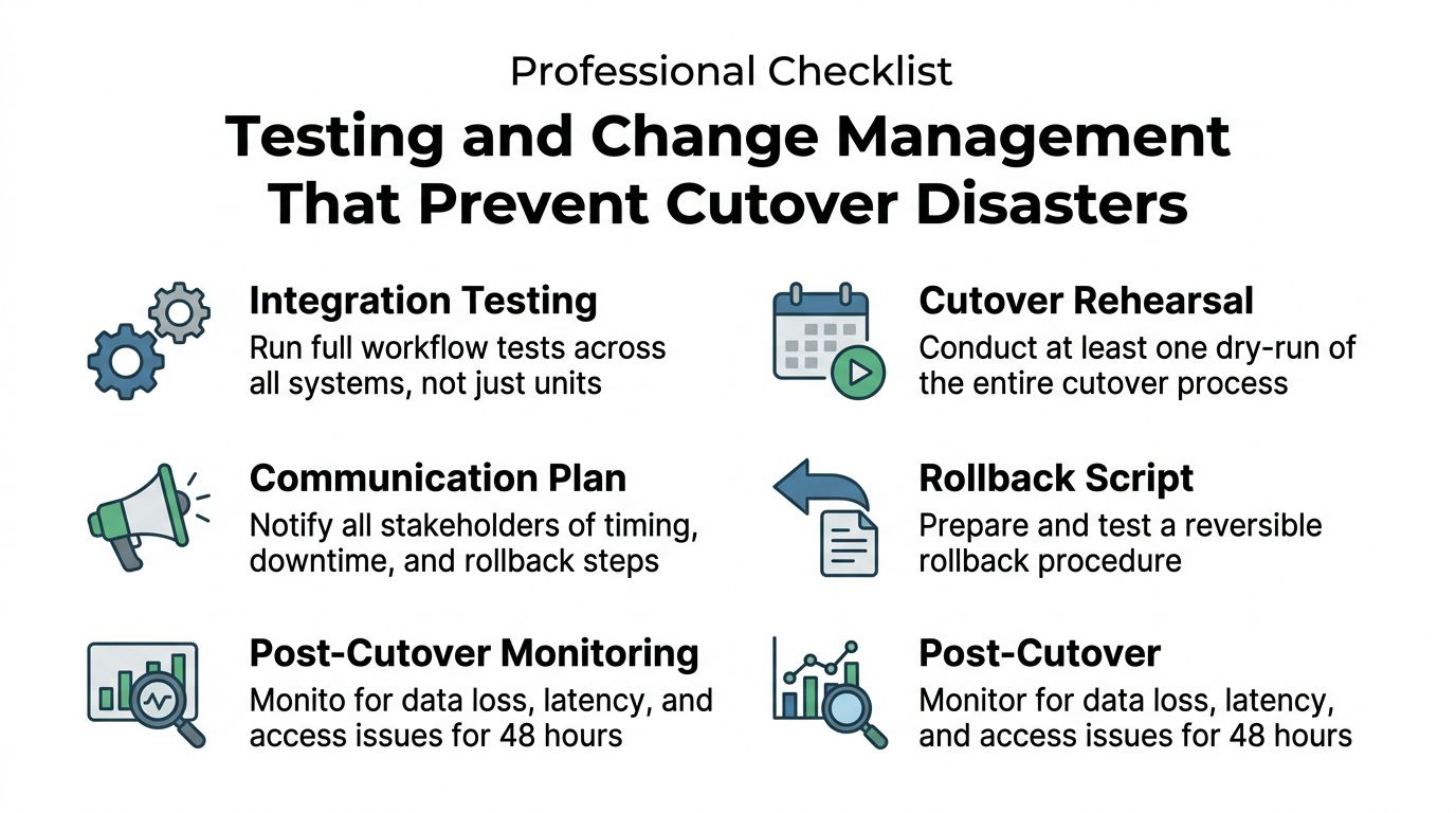 A professional checklist for testing and change management to prevent cutover disasters during system migrations.