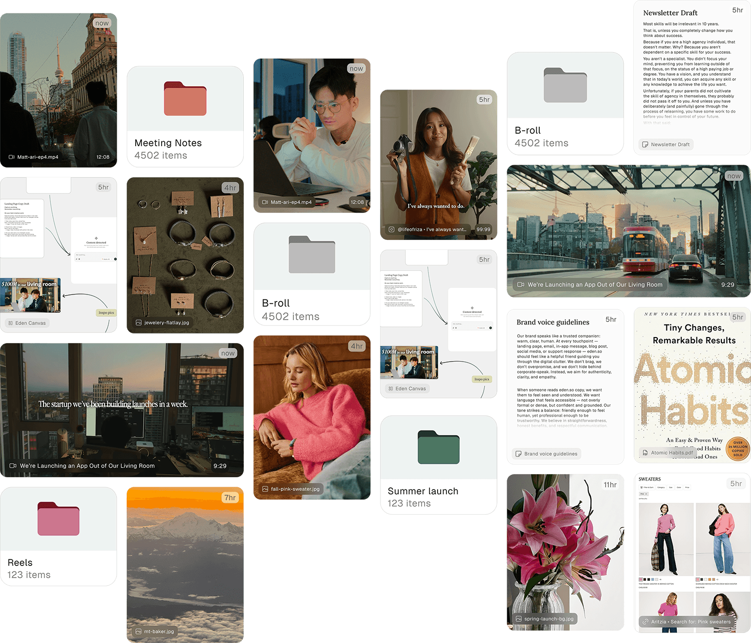 Eden canvas workspace displaying organized files, notes, and media