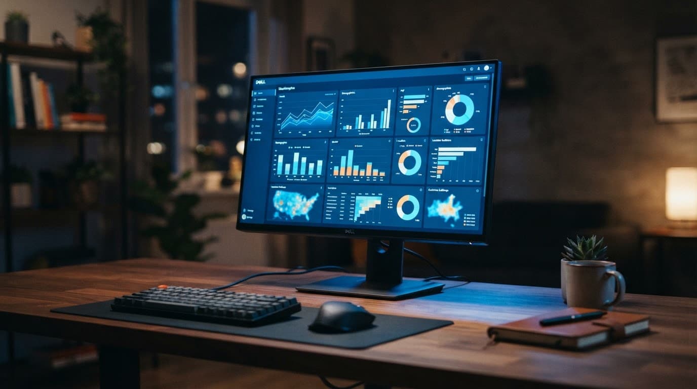 A monitor showing analytics graphs on a wooden office desk with blue lighting.
