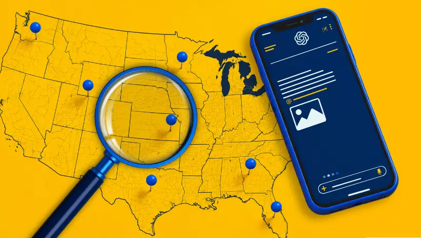 Magnifying glass over a US map with pins next to a smartphone showing AI