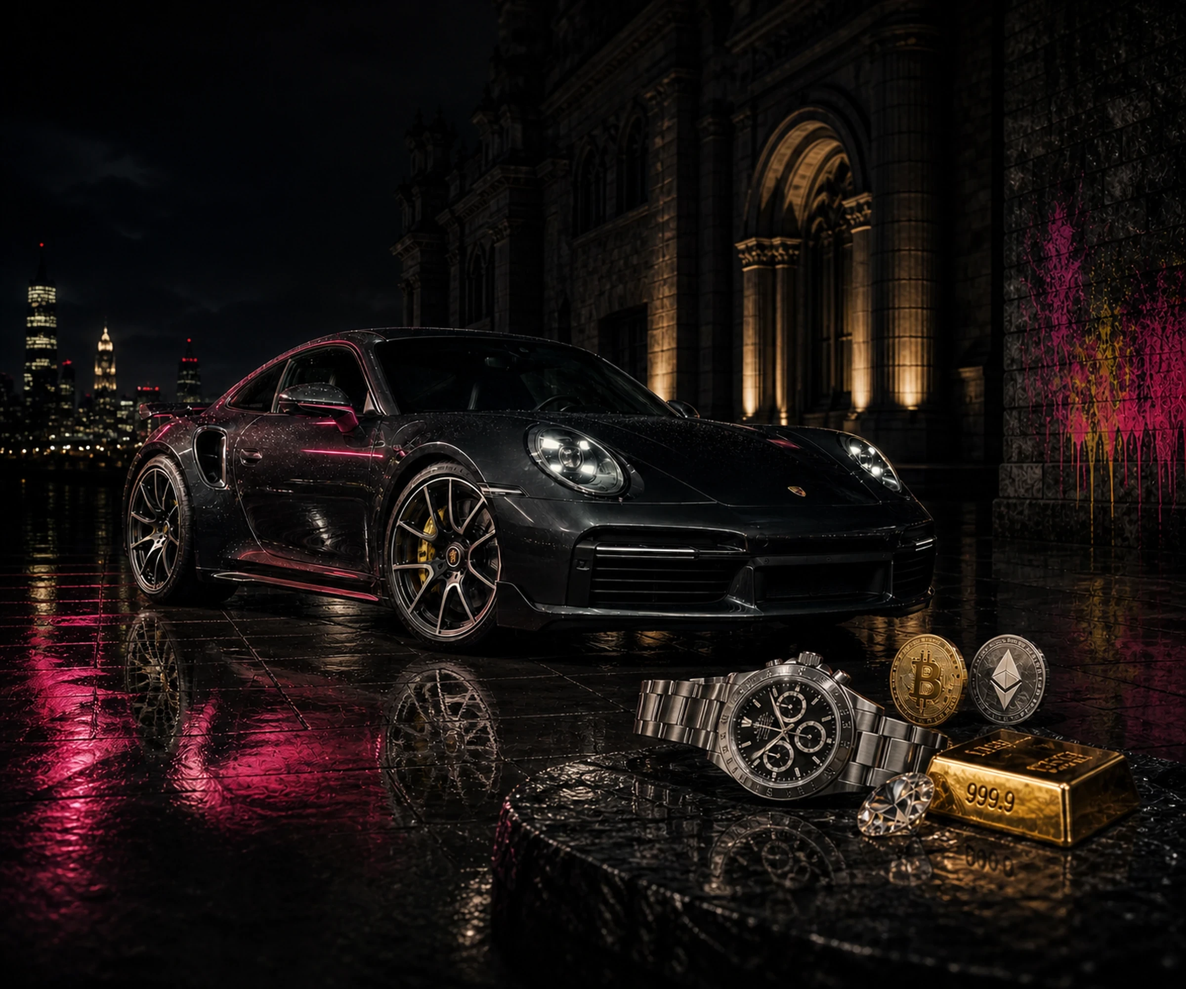 Premium asset composition featuring performance vehicle, watch, gold and digital assets