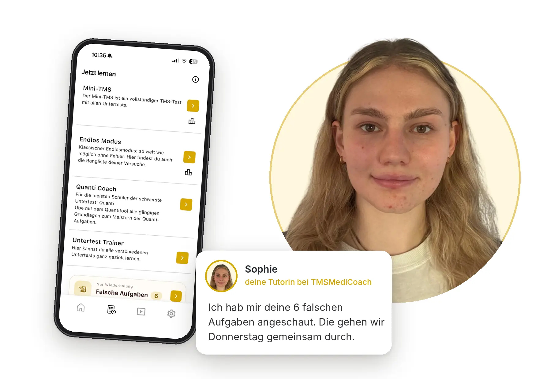 TMSMediCoach-App „Jetzt lernen“ mit Mini-TMS, Endlos-Modus und Quanti Coach, daneben Tutorin Sophie