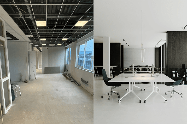 Entrée/couloir/escaliers (rendu net) ou avant/après d’une zone — même cadrage.