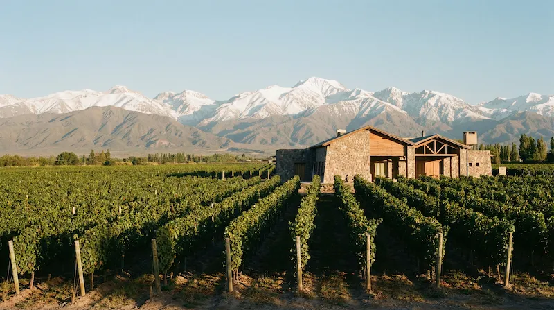 Vinhedo em Mendoza com montanhas da Cordilheira dos Andes ao fundo