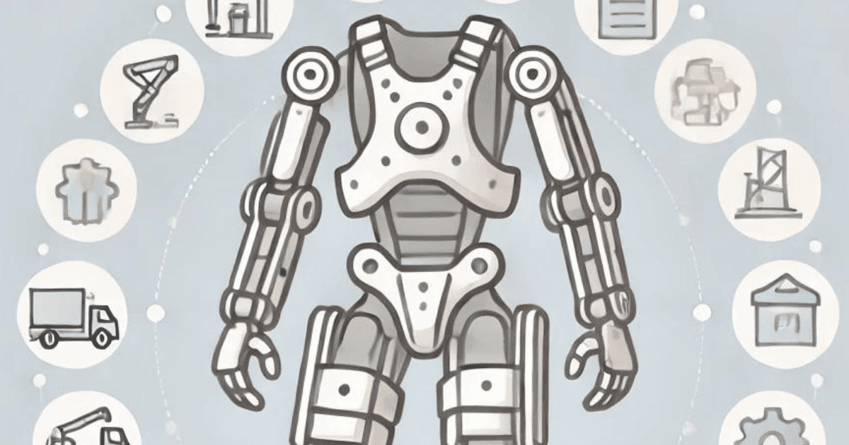 Minimalist illustration of an exoskeleton with icons for construction, health, and logistics.