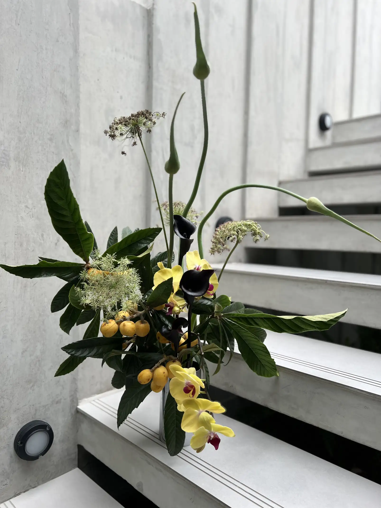 Arreglo con orquídeas amarillas y follaje verde en escalera de concreto para estudios de diseño que exploran contrastes entre lo natural y lo arquitectónico.