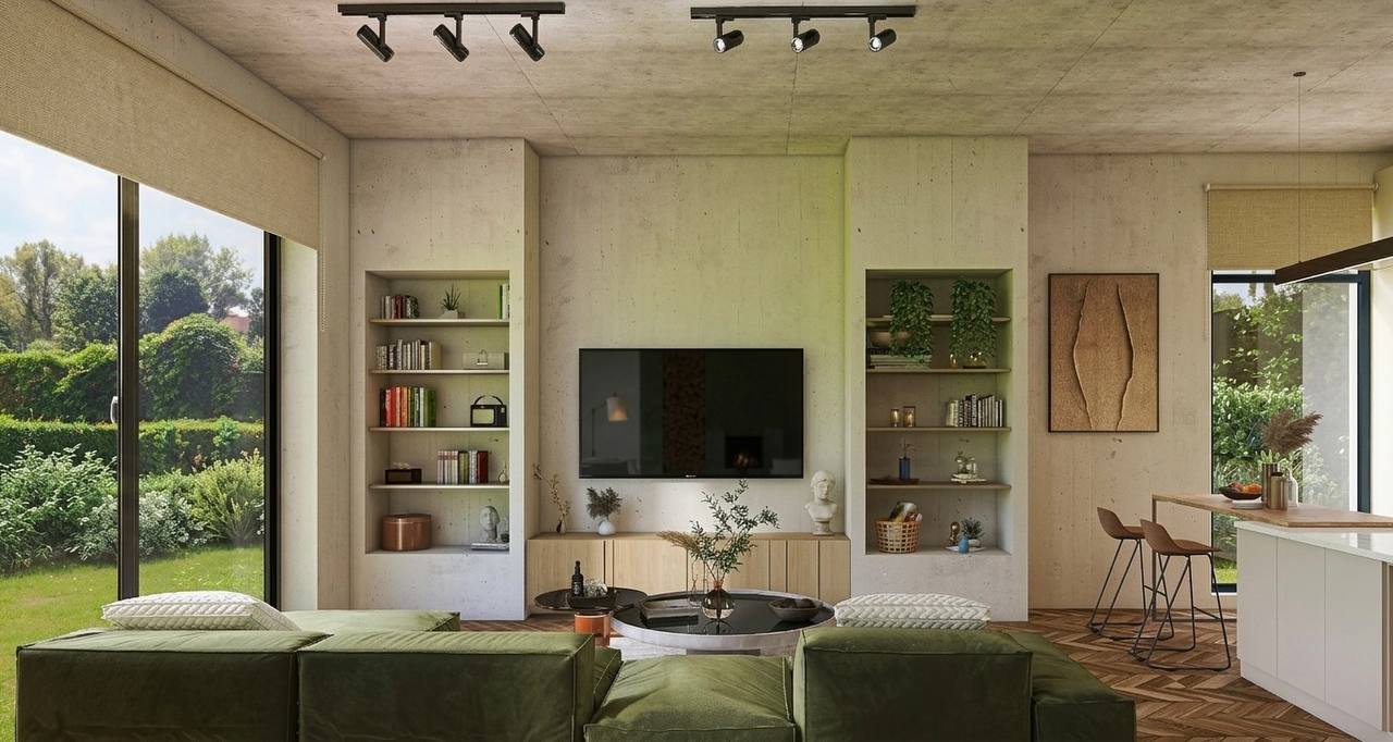A serene bedroom with purple tones, a minimalist bed, wooden nightstands, and soft natural lighting.