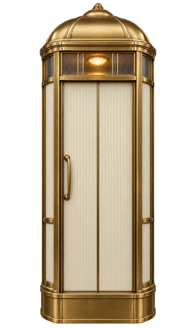 An isolated tall brass lift cabin with domed roof, narrow doors and a cream central panel on transparent alpha.