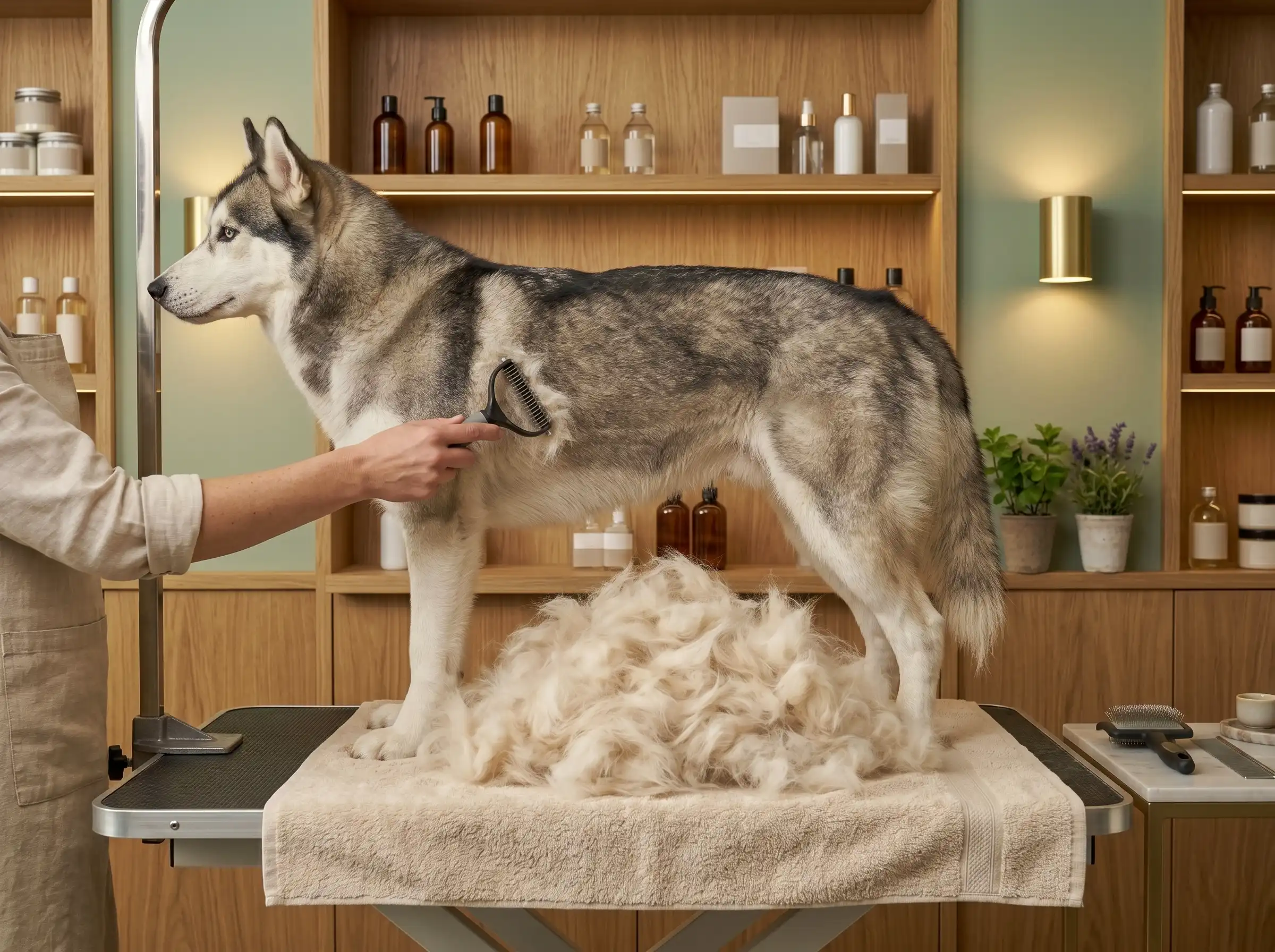 A dog being brushed with a grooming tool to remove loose fur.