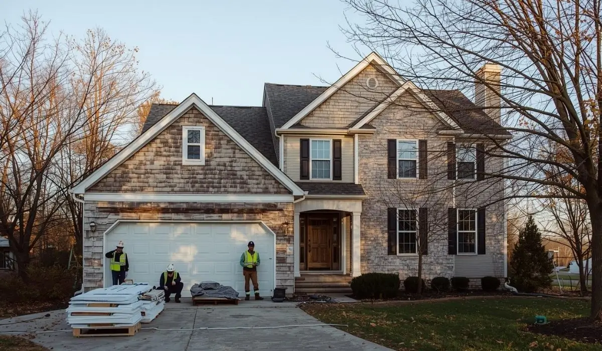 A Naperville home with old siding being replaced before winter, showing contractor work and seasonal readiness