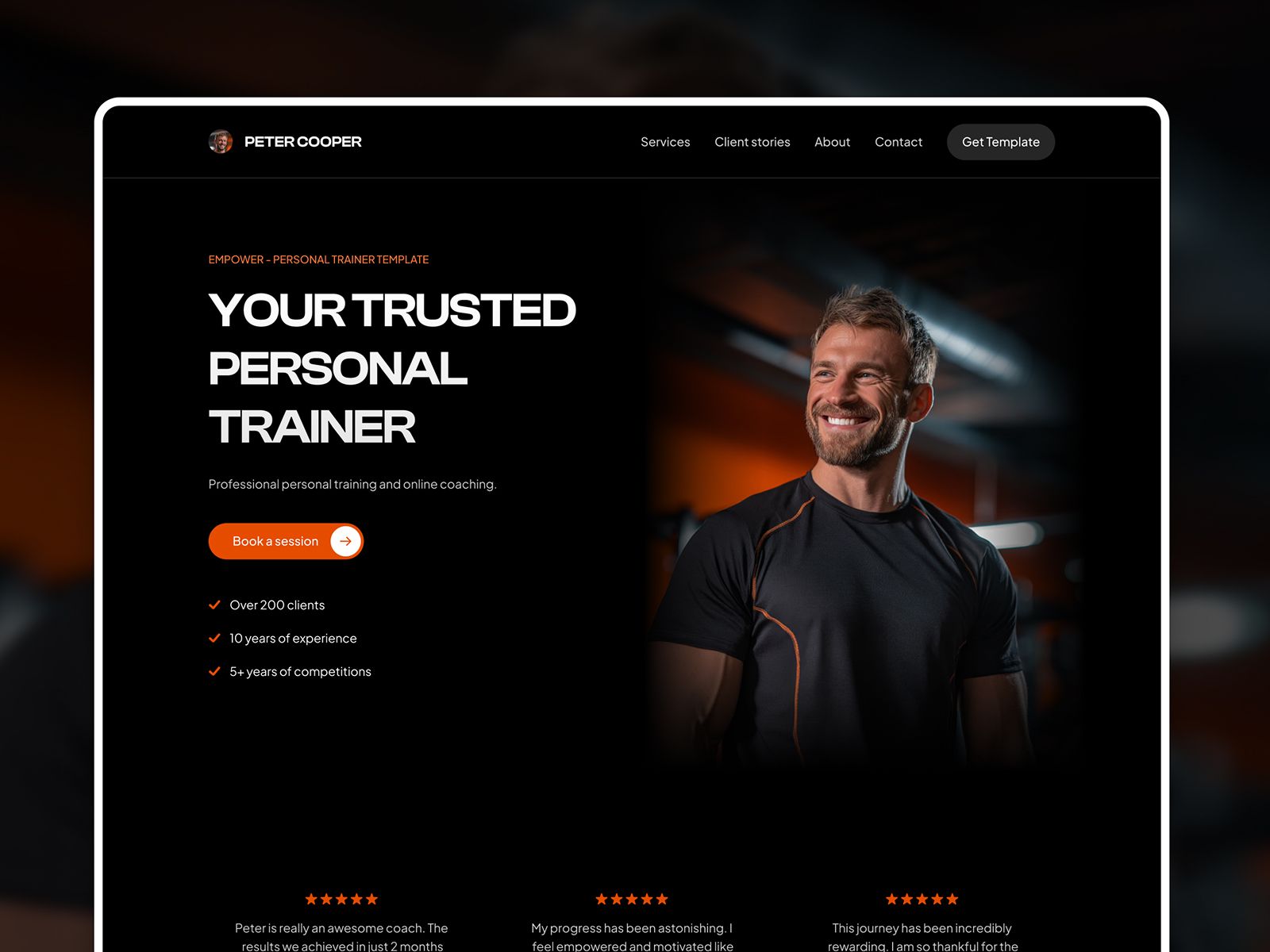 Empower Framer template — personal trainer website homepage with dark design and orange accents