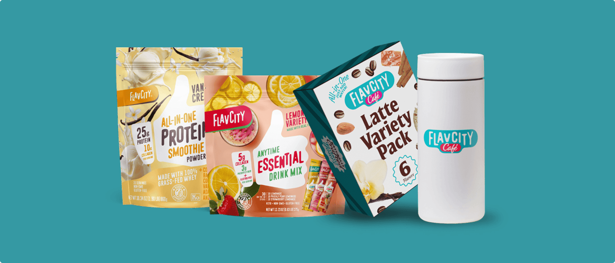 FlavCity wellness product lineup featuring electrolytes and supplements