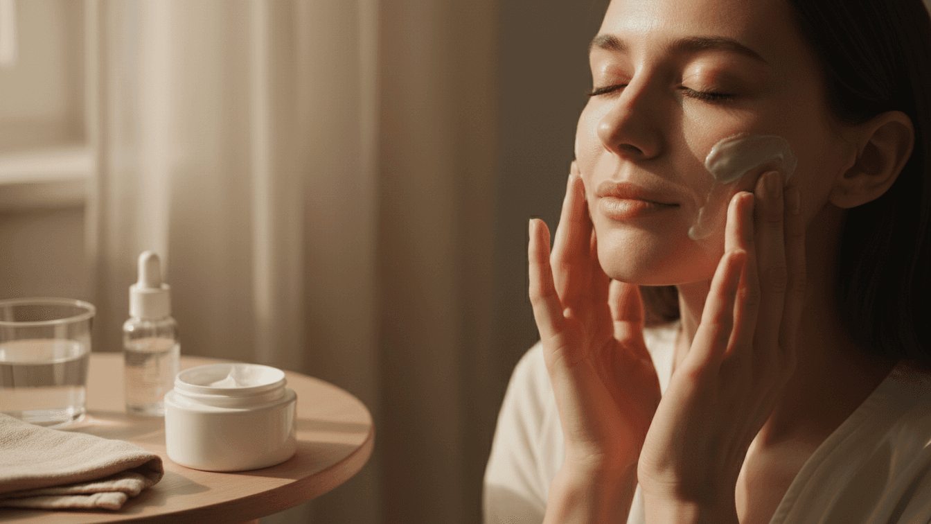 Cinematic close‑up of a person with naturally textured, slightly flushed skin sitting near a window, gently pressing a rich cream into their cheeks with both hands, eyes closed in relief, expression soft and calm. 