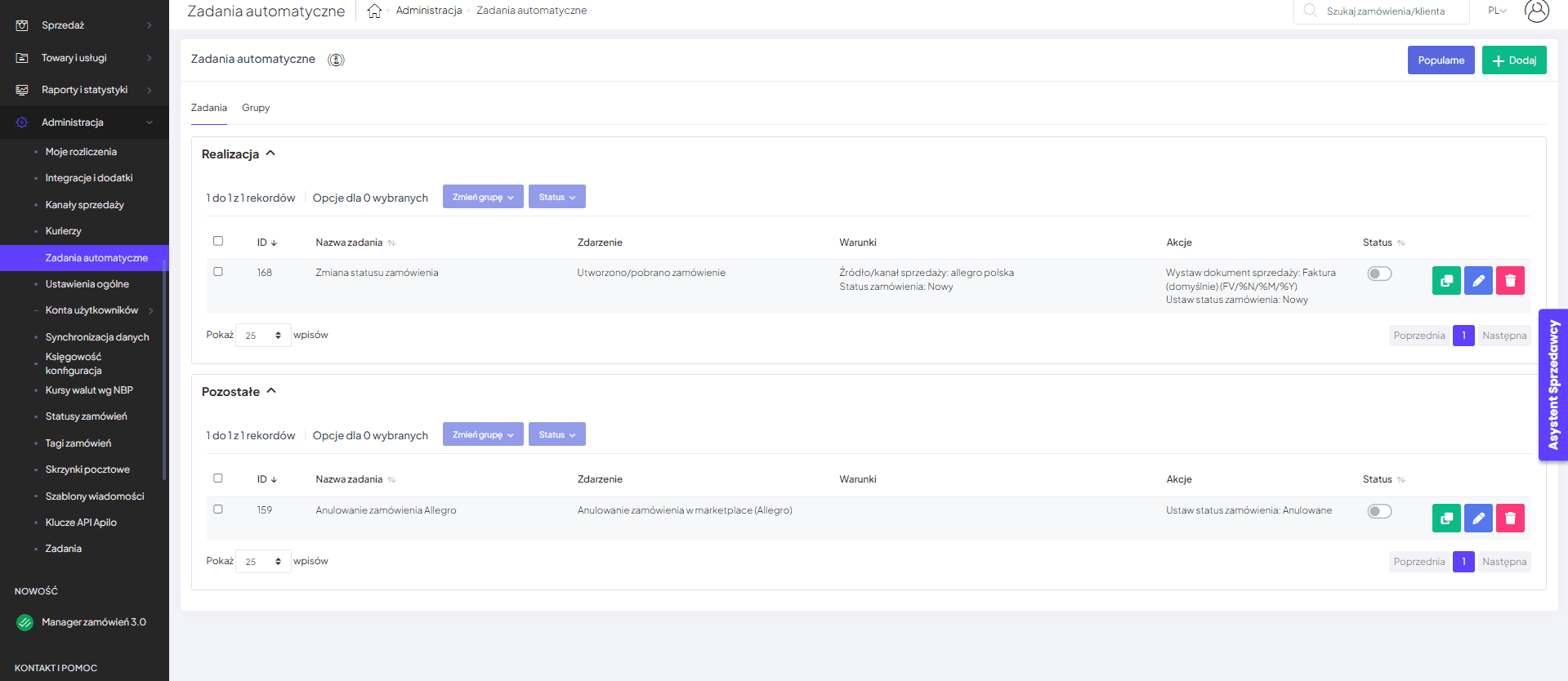 Zakładka Zadania automatyczne w administracji Apilo