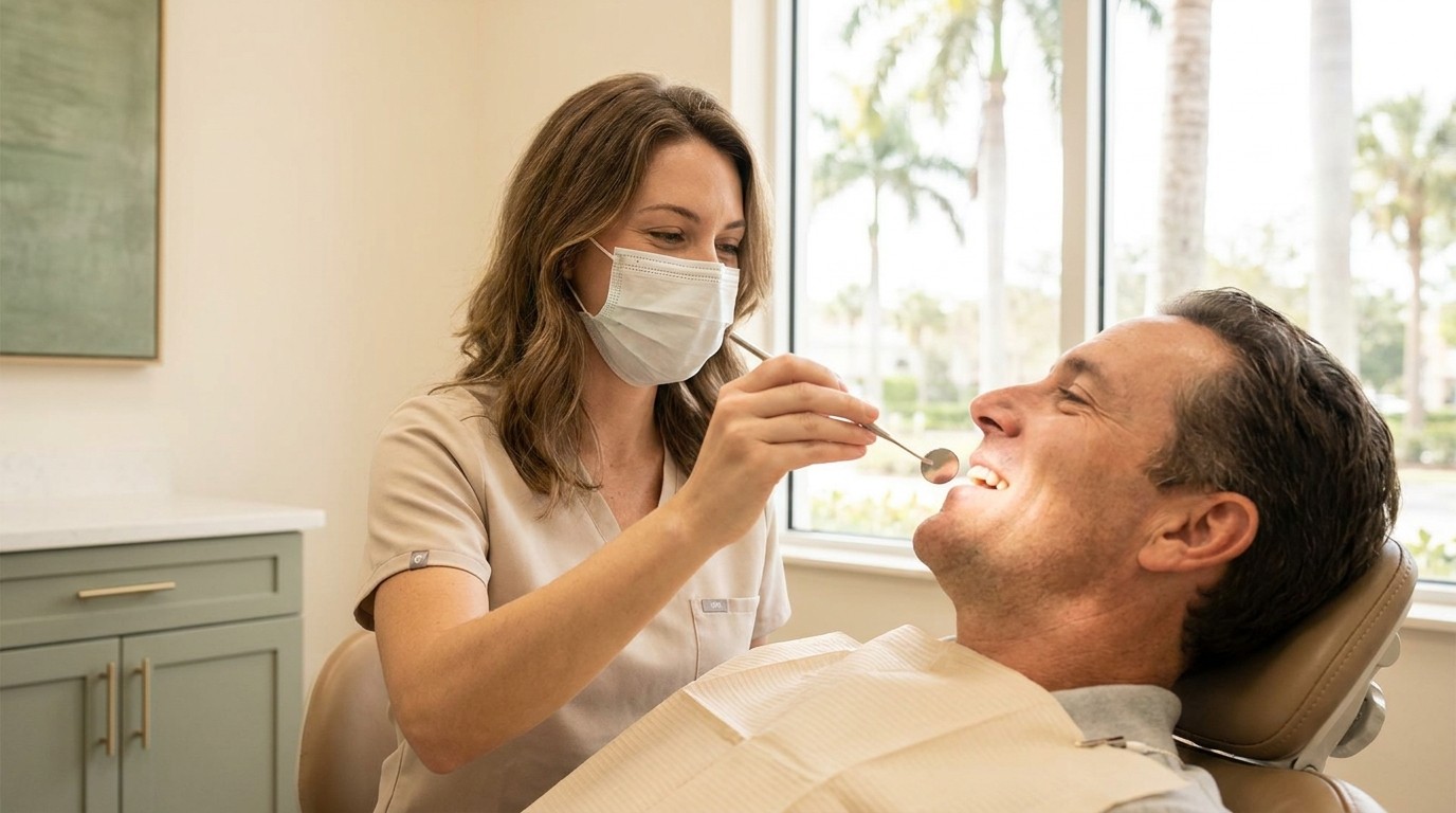 Palm Beach Gardens dentist examining a patient's gums to evaluate a pimple-like gum boil