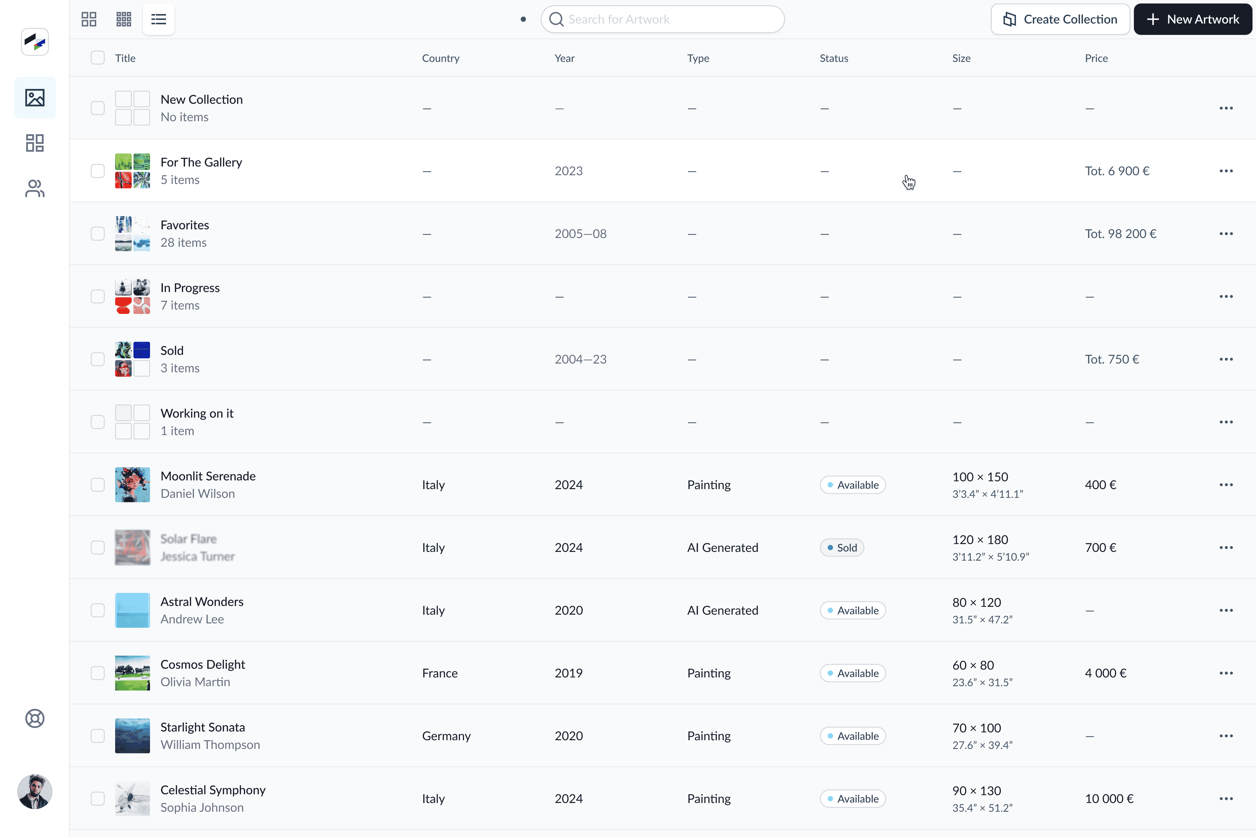 Table view of artwork collections with metadata including country year type size and price.